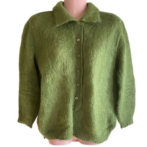 Vintage 50s Bobbie Brooks Sweater Womens Large Shaggy Pullover Green Mohair Wool - Picture 1 of 6
